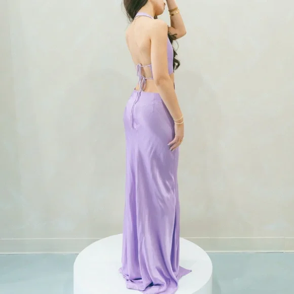Sau Lee Salome Gown In Purple Satin High Slit Bow Halter Dress Size 4 - Picture 7 of 10